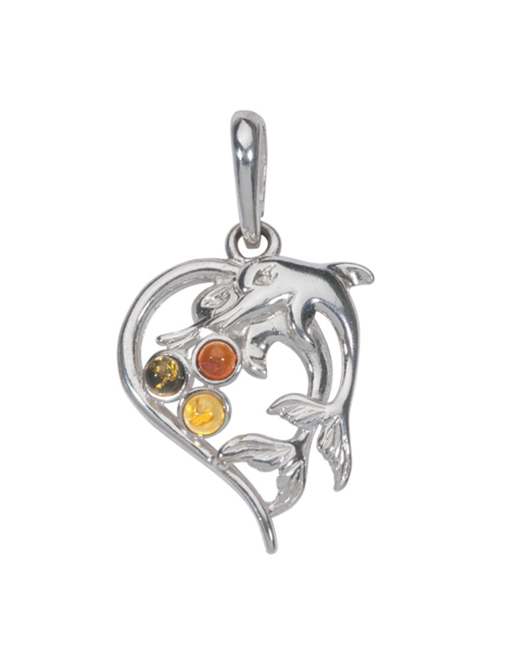 pendentif cœur et dauphins ambre et argent